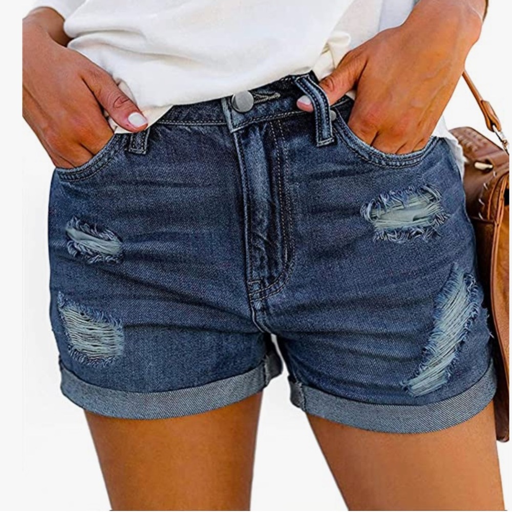 Mudd Flex Stretch High Rise Woman’s Shortie Distressed Dark Blue Jean Shorts 15